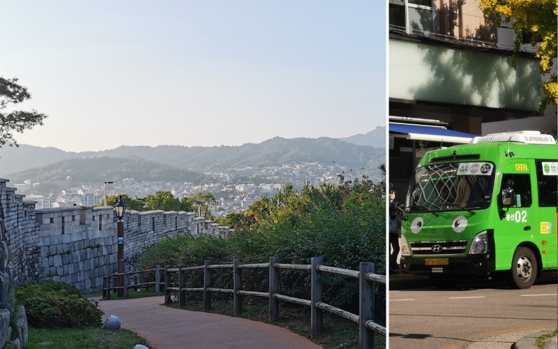 La promenade au parc Naksan et le petit bus vert qui n'est pas aussi sympathique qu'il en a l'air. © Alexia Ponsonnet