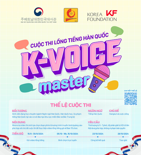 Poster thể lệ “Cuộc thi lồng tiếng Hàn Quốc K-VOICE Master 2024” đã thu hút nhiều bạn trẻ quan tâm và hưởng ứng tham gia. (Ảnh: Trang Facebook chính thứ của Trường Ngoại ngữ - Du lịch, Đại học Công nghiệp Hà Nội) 