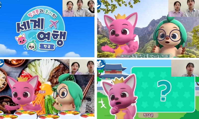 Bộ phim hoạt hình “Pinkfong - Hãy cùng làm quen với đất nước đáng tự hào” đã được ba cô gái lựa chọn để thực hiện lồng tiếng bởi hình thức dễ thương, gần gũi với trẻ em và chứa đựng nhiều thông điệp ý nghĩa về văn hóa Hàn Quốc. (Ảnh: Nguyễn Thu Phương) 