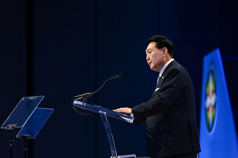 Tổng thống Hàn Quốc Yoon Suk Yeol trong Hội nghị thượng đỉnh Doanh nghiệp APEC diễn ra ở Trung tâm Moscone, thành phố San Francisco, bang California, Mỹ vào ngày 15/11/2023. (Ảnh: Kang Min Seok / Văn phòng Tổng thống Hàn Quốc)