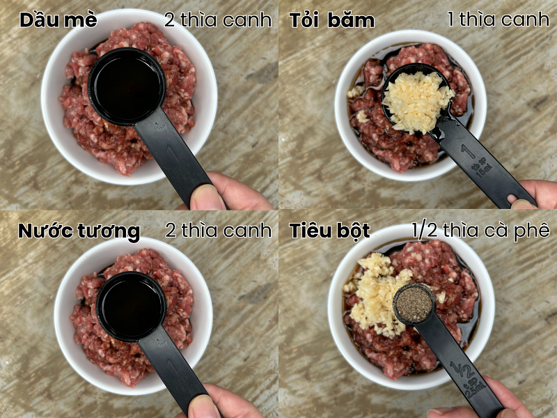 Ướp thịt bò bằm với các loại gia vị. (Ảnh: Lưu Hoàng Nhi)