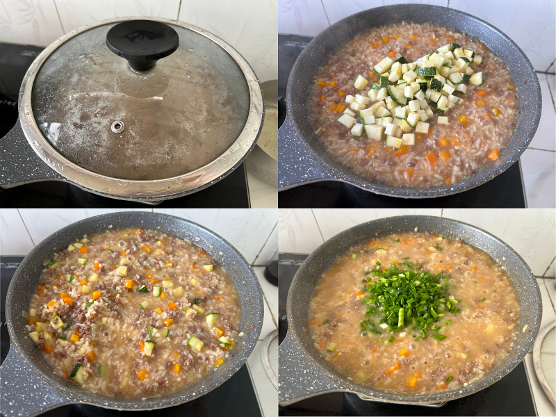 Sau khi mở nắp, cho thêm bí ngòi và nấu ở nhỏ thêm 5 phút nữa là có thể tắt bếp. (Ảnh: Lưu Hoàng Nhi) 