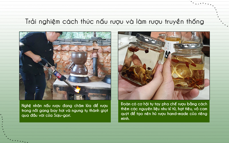 Lần đầu được tận mắt chứng kiến nghệ nhân nấu rượu trực tiếp (ảnh trái), cả đoàn chúng mình đều khá háo hức và chăm chú theo dõi. Bên cạnh đó, trải nghiệm tự tay pha chế rượu hand-made (ảnh phải) cũng trở thành hoạt động ý nghĩa mà chúng mình tích cóp được trong hành trình khám phá mùa thu 2024 ở tỉnh Jeollanam-do. (Ảnh: Vũ Đỗ Hải Hà)