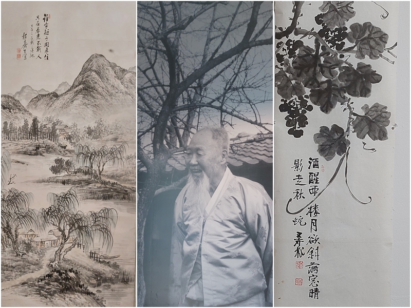 De gauche à droite : paysage de montagnes par Uijae, portrait de Uijae et peinture de fleurs par UIjae, exposées au Uijae Museum of Korean Art. © Emmanuelle Fourneyron