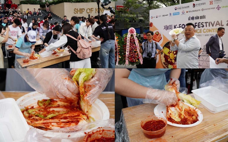 Trải nghiệm làm Kimchi với sự hướng dẫn của chuyên gia Hàn Quốc. (Ảnh: Lê Thị Yến)
