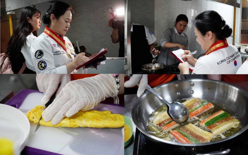 Ban giám khảo đến từng khu vực bếp của các đội thi ghi chép cẩn thận quá trình nấu ăn. (Ảnh: Lê Thị Yến)