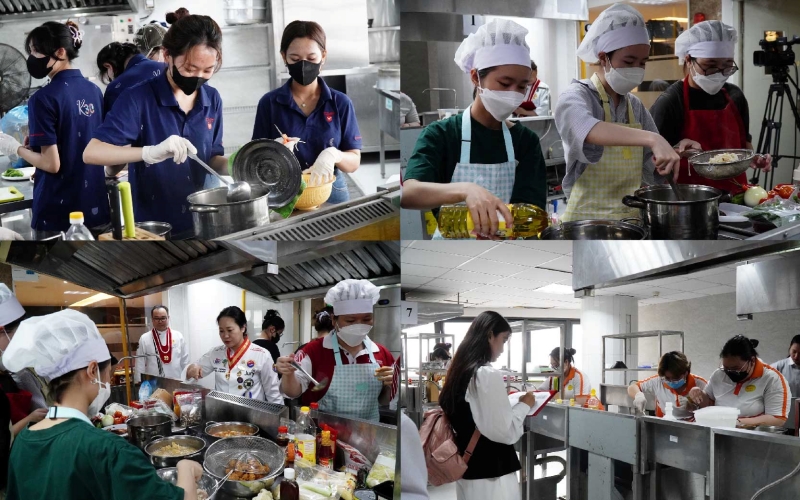 Khu vực nấu ăn rộn ràng của 14 đội thi tranh tài. (Ảnh: Lê Thị Yến)