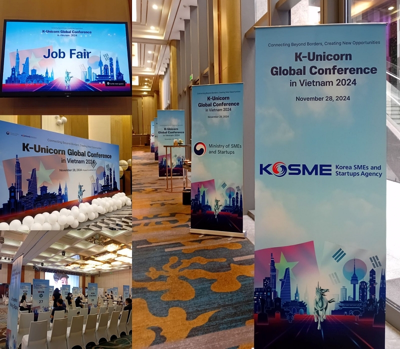 Khu vực sảnh chính của chương trình Job fair trong “K-Unicorn Global Conference in Vietnam 2024” vào ngày 28/11. (Ảnh: Vũ Lê Kim Oanh)