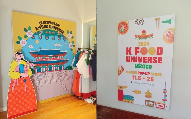 En la primera imagen se encuentra el salón designado para la prueba gratuita del hanbok; espacio en donde los participantes podían tomar diversas fotografías. En la segunda imagen se muestra uno de los carteles del evento 'K-Food Universe México'.