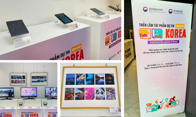Triển lãm tác phẩm dự thi “Talk Talk Korea 2024” là dịp tôn vinh những nỗ lực và sáng tạo của các thí sinh thông qua các sản phẩm dự thi độc đáo và đầy mới mẻ. (Ảnh: Hoàng Xuân Tùng)