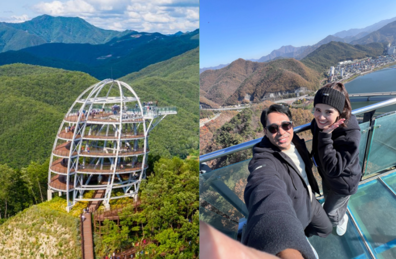 A la izquierda, fotografía del Mancheonha Skywalk en Danyang. A la derecha, los reporteros honorarios Frenky Ramiro de Jesus e Ilse Díaz se toman una selfie desde el mirador. | Organización de Turismo de Corea e Ilse Díaz