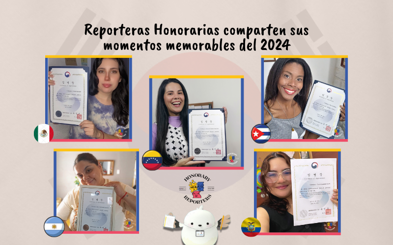 Cinco reporteras honorarias de Korea.net de Latinoamérica posan con el certificado del programa. | María Fernanda Urrutia y Pierina Regalado