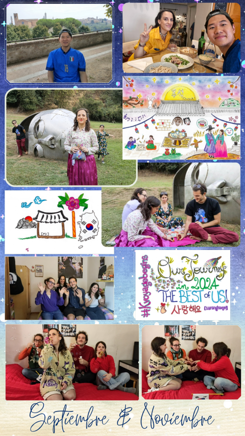 Las fotos incluyen escenas de grabación para las misiones de septiembre (sobre Chuseok) y noviembre (sobre los mejores momentos del 2024), en las que participaron varios amigos míos y unos dibujos que realicé relacionados con cada tema.