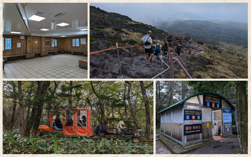 De izquierda a derecha y en el sentido de las agujas del reloj, se presentan las siguientes imágenes: vista interior del refugio Jindallaebat, panorámica de la ruta Seongpanak al iniciar el descenso desde la cumbre de Hallasan, el monorriel descendiendo y el centro de reciclaje del sendero Seongpanak.