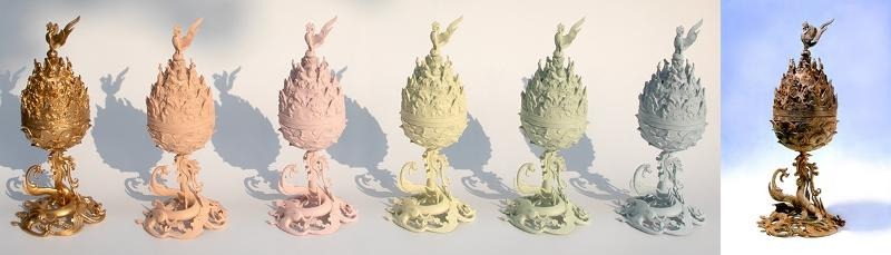 Les miniatures du brûleur d'encens en bronze doré de Baekje (à gauche) et œuvre originale. © Fondation du musée national de Corée et Service du patrimoine coréen