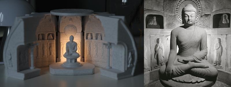 La lampe Seokguram (à gauche) et le lieu original. © Fondation du musée national de Corée, Service du patrimoine coréen