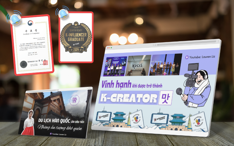 Với tư cách là K-influencer, mình đã mang đến một số video liên quan đến Hàn Quốc. Kết thúc nhiệm kỳ, mình được nhận giấy chứng nhận cùng huy hiệu chứng nhận tốt nghiệp Học viện K-influencer. (Ảnh: Lưu Thị Thu Loan, Canva; Biên tập: Lưu Thị Thu Loan)