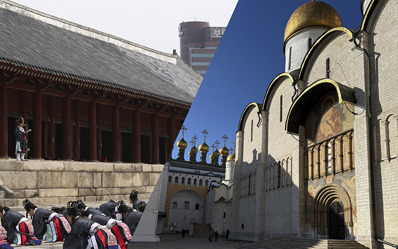 Если в русских дворцах храмы часто были частью дворцового комплекса, то в Корее религиозные сооружения обычно находились за его пределами. На фото конфуцианский храм Чонмё и Успенский собор Кремля. / Фото: Елизавета Нюкша