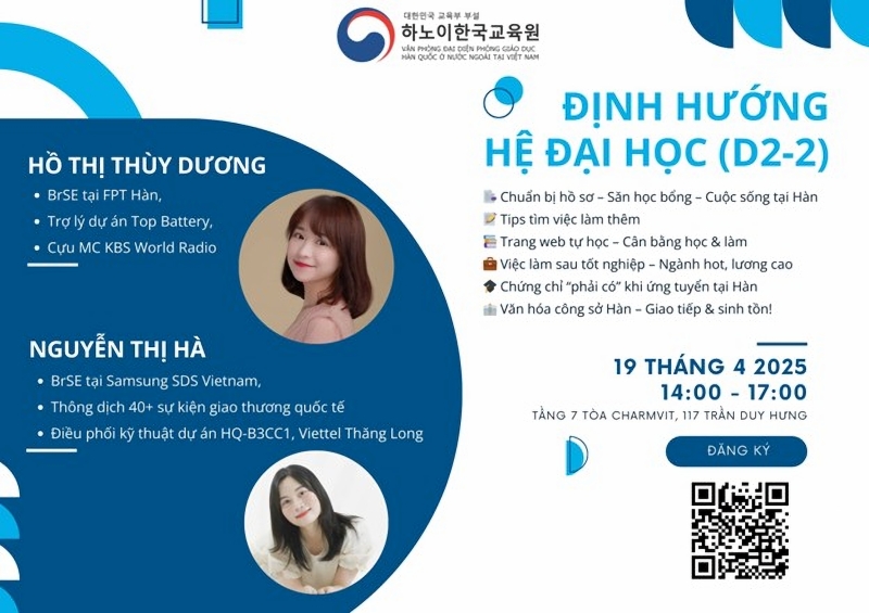 Văn phòng đại diện Phòng Giáo dục Hàn Quốc ở nước ngoài tại Việt Nam vào ngày 19/4 đã tổ chức một buổi định hướng dành cho học sinh, sinh viên đang chuẩn bị du học Hàn Quốc theo diện visa D2-2. (Ảnh: Trang facebook chính thức của Văn phòng đại diện Phòng Giáo dục Hàn Quốc tại Việt Nam)