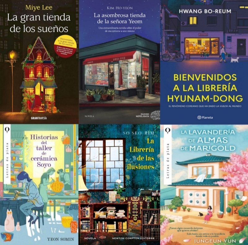 De izquierda a derecha y en sentido de las agujas del reloj, la imagen muestra las portadas de las ediciones en español de 'La gran tienda de los sueños', 'La asombrosa tienda de la señora Yeom', 'Bienvenidos a la librería Hyunam-Dong', 'La lavandería de almas de Mariogold', 'La librería de las ilusiones' e 'Historias del taller de cerámica Soyo'. | Grantravesía, Duomo Ediciones, Planeta, Letras de Plata y Newton Compton Editores