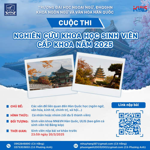 Poster phát động cuộc thi nghiên cứu khoa học sinh viên của Khoa Ngôn ngữ và Văn hóa Hàn Quốc. (Ảnh: Trang Facebook Đoàn TN - Hội SV Khoa NN&VH Hàn Quốc ULIS) 