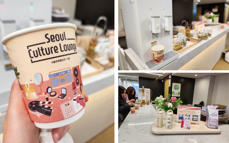 Le comptoir à la réception du Seoul Culture Lounge propose gratuitement du thé floral. © Imane Bouhnika
