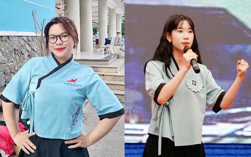 Dù dự thi 2 hạng mục khác nhau, nhưng thông qua sự kiện hùng biện tiếng Hàn K-Speech 2025, cả Tường Vy (trái) và Bảo Trân (phải) đều nhận định đây là bước đệm giúp cả 2 bứt phá bản thân tốt hơn. (Ảnh: Nhân vật cung cấp, Trang Facebook Ngành Hàn Quốc Học - ĐH Lạc Hồng)