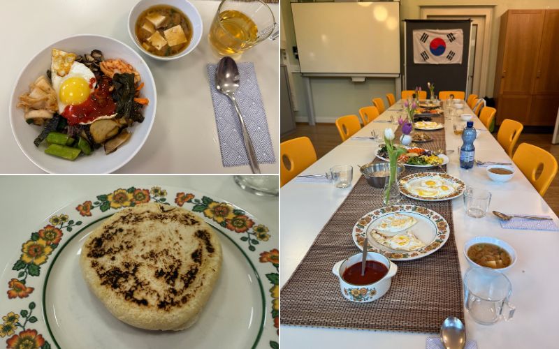 Foto links oben: Zubereitung des frischen Spargels, der in der Pfanne angebraten wurde. Foto rechts oben: Der Rettichsalat (무생채) wird gemischt. Foto links unten der fertig blanchierte und gewürzte Spinat (시금치 나물). Foto rechts unten: Die Servierplatte wird angerichtet und das fertig zubereitete Gemüse darauf verteilt