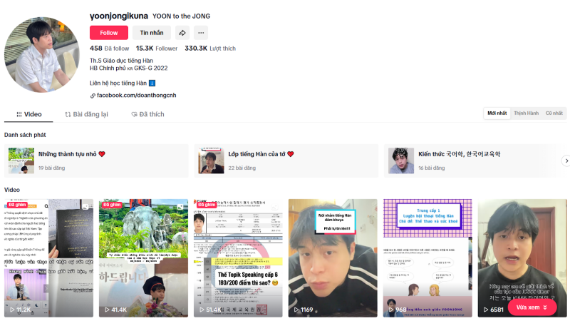 Thầy Lê Doãn Thống sở hữu cho mình kênh TikTok cá nhân với hơn 15,3 nghìn lượt theo dõi, với nội dung chuyên chia sẻ kiến thức tiếng Hàn và văn hóa Hàn Quốc. (Ảnh: Lê Doãn Thống) 