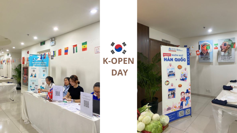 Quầy tư vấn tiếng Hàn của Học viện King Sejong Hồ Chí Minh 2 (bên trái) và poster chương trình K-Open Day (bên phải). (Ảnh: Đào Thị Lý Ngân)