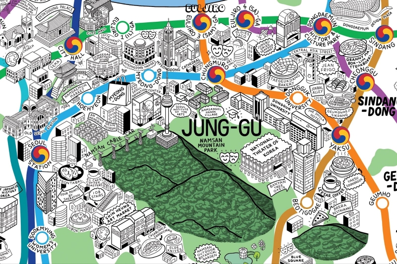 Một góc của thành phố Seoul được minh họa trên bản đồ một cách sống động bởi bàn tay tài hoa của Jenni Sparks. (Ảnh: Jenni Sparks) 