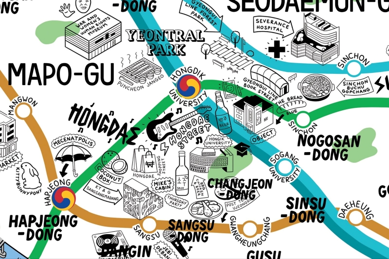 Khu phố Hongdae trên bản đồ minh họa thành phố Seoul của nữ hoạ sĩ. (Ảnh: Jenni Sparks) 