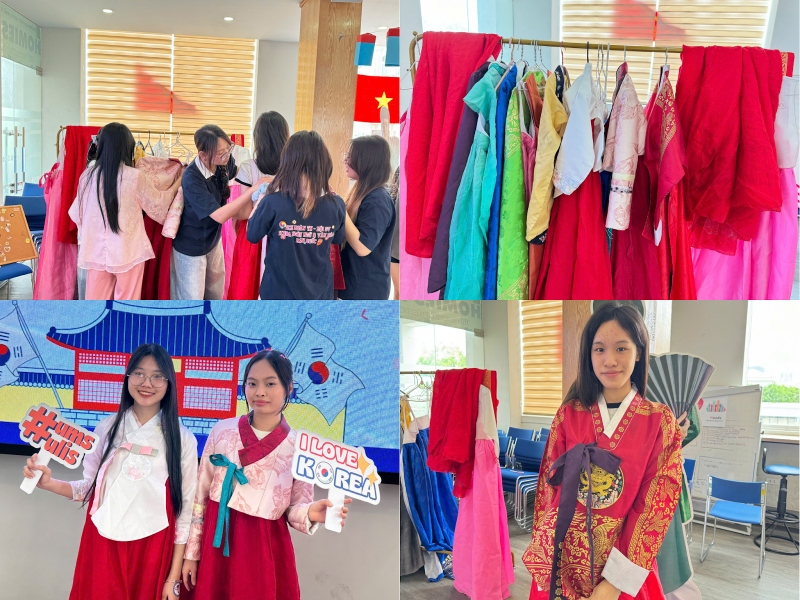 Khu vực trải nghiệm Hanbok thu hút nhiều bạn học sinh nữ ghé thăm nhờ những bộ trang phục vừa xinh xắn vừa đậm chất truyền thống Hàn Quốc. (Ảnh: Hoàng Xuân Tùng)