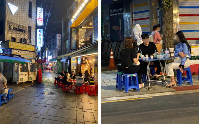 Ob in einem der vielen kleinen Sikdangs, wie links oder auf der Straße bei einem Pocha: die Koreaner lieben es