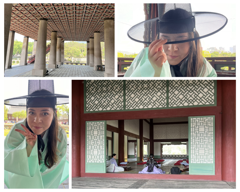 La reportera honoraria Jaqueline Pérez Gamboa, vestida con hanbok, en el pabellón Gyeonghoeru del palacio Gyeongbokgung.
