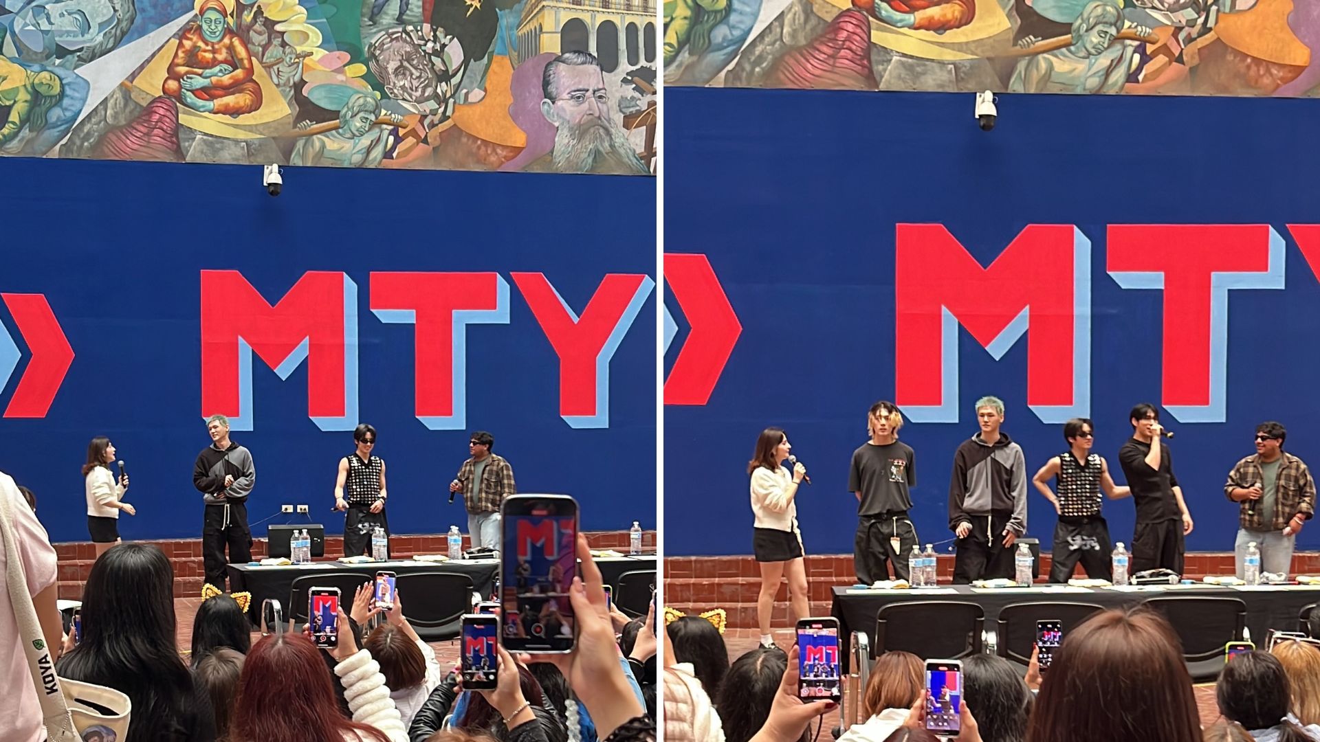 Izquierda: Bain y Geonu de JUST B bailando improvisadamente durante el medio tiempo del concurso. Derecha: Sang Woo, Bain, Geonu y Lim Ji Min hablando sobre su estancia en Monterrey durante el medio tiempo del concurso. | Yazmin Hernández Celestina