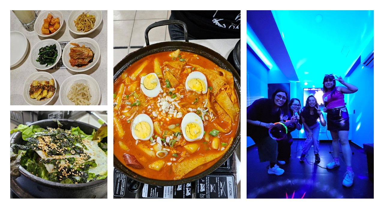 Platos que comimos en el restaurante coreano: banchan, bibimbap y tteokbokki, y foto cantando en el noraebang.