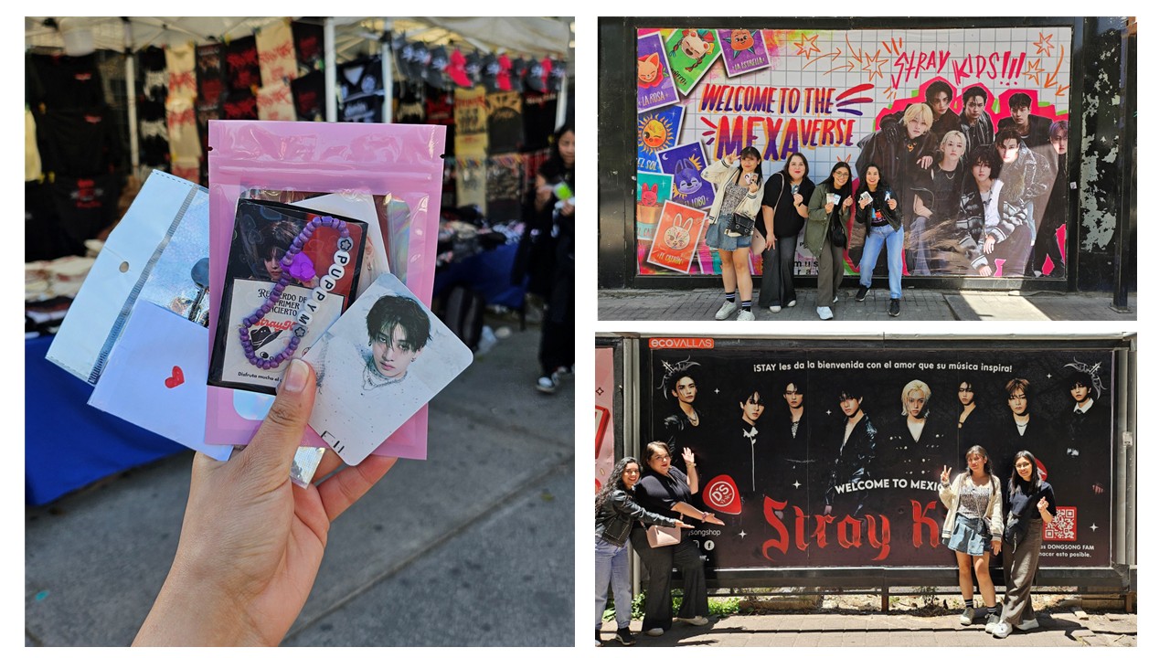 Banners de Stray Kids en la Ciudad de México, y algunos de los regalos que las fans obsequiaban afuera del Estadio GNP.