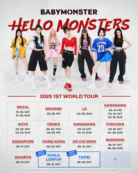 Poster danh sách các địa điểm nằm trong chuyến lưu diễn “HELLO MONSTERS” của nhóm nhạc BABYMONSTER. (Ảnh: Trang Facebook chính thức của YG Entertainment)