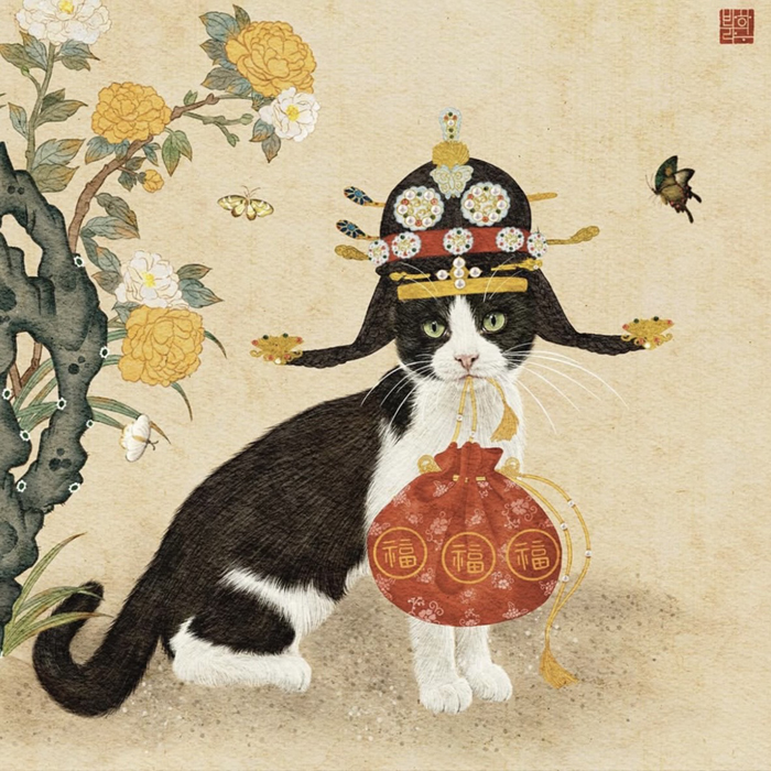 Портрет кота, несущего счастье, который одет в традиционную корейскую церемониальную одежду. / Фото: Instagram Банхарагу