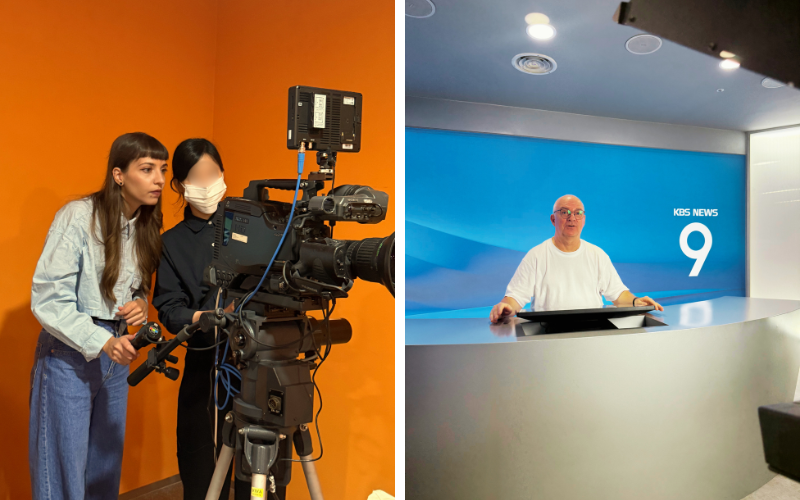 Kurze Rollenwechsel beim gemeinsamen Besuch im KBS-Studio: Foteini Chatzoudi, Honorary Reporterin aus Griechenland, als Kamerafrau und ich als Nachrichtensprecher der KBS News 9 Nachrichten