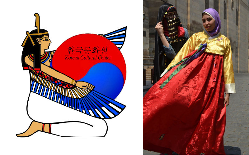 So begann Nesma Elmouslys Reise mit koreanischen Wettbewerben: Links ihr prämiertes Design für das Koreanische Kulturzentrum in Ägypten, rechts der gewonnene Hanbok © Nesma Elmously