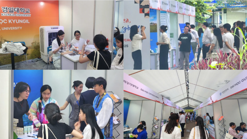 Những gian hàng tại đây đều tấp nập người tham gia, quan tâm và muốn lắng nghe tư vấn tuyển sinh của các trường. (Ảnh: Nguyễn Phương Anh)