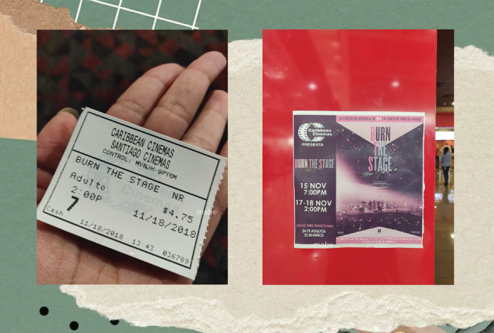 Boleto y pequeño afiche para la función única de BTS: Burn the Stage en Caribbean Cinema, provincia de Veraguas (Nov 2018) | Ana Mabel Miranda