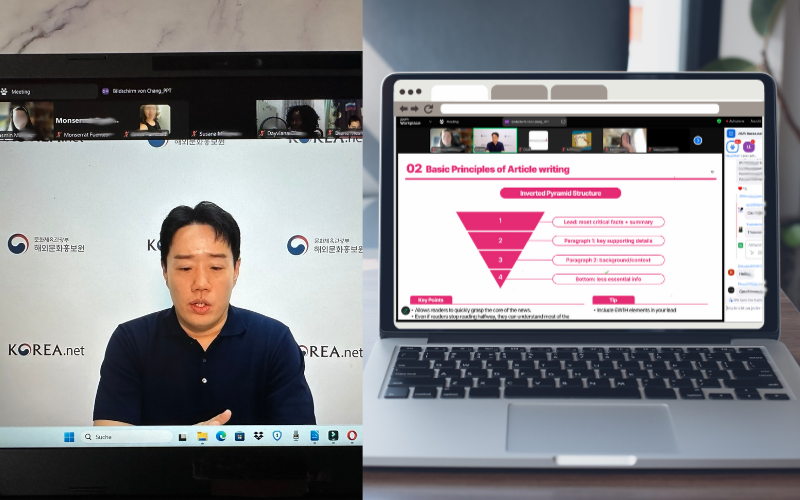 Herr Jaewoong Chang erklärt die umgekehrte Pyramide als zentrales Prinzip des Journalismus © Screenshot vom Workshop, Jasmin Mikolay