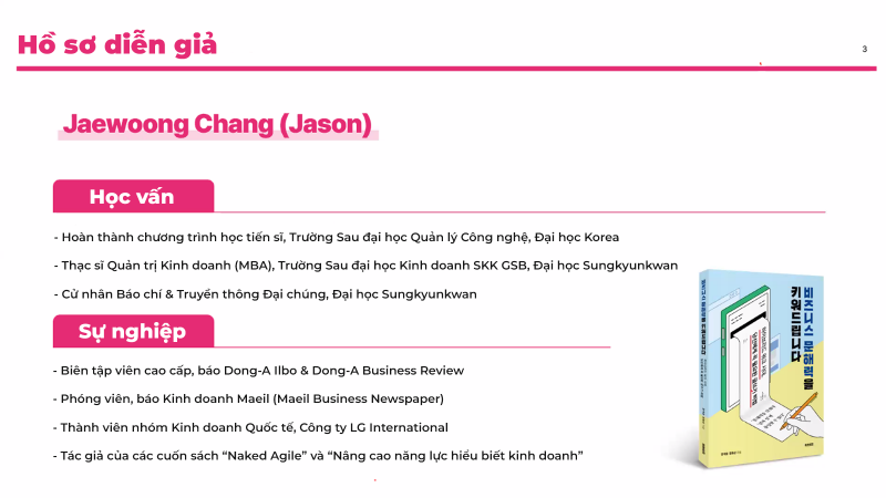 Phần mở đầu chương trình là phần giới thiệu sơ lược về diễn giả Jaewoong Chang - biên tập viên cao cấp của tờ báo Dong-A Ilbo. (Ảnh: Chụp màn hình trên phần mềm Zoom, Biên dịch: Hoàng Xuân Tùng)