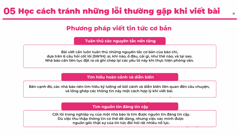 Một trong những cách hiệu quả nhất để tránh các lỗi thường gặp khi viết bài là hiểu và áp dụng thành thạo phương pháp viết tin tức cơ bản. (Ảnh: Chụp màn hình từ phần mềm Zoom, Biên dịch: Hoàng Xuân Tùng)