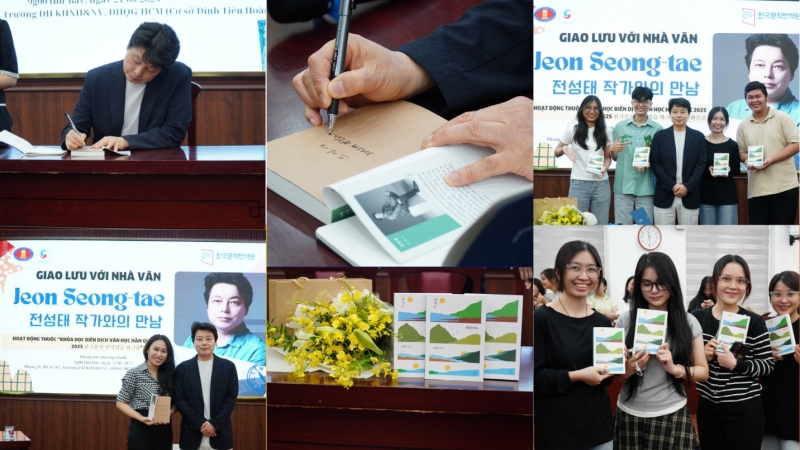 Nhà văn Jeon Seong-tae kí tặng sách và chụp ảnh kỉ niệm cùng khán giả. (Ảnh: Phan Thị Thu Đào)