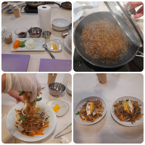 En el sentido de las agujas del reloj desde la esquina superior izquierda: ingredientes preparados para el japchae, con los boles de setas marinadas, salsa y carne; delante, un plato blanco con zanahoria, cebollino y cebolla en tiras, y otro más pequeño con clara y yema de huevo también en tiras; fideos de batata salteados con la salsa; mezcla de todos los ingredientes para el emplatado estilo “de madre”; y el japchae ya emplatado, decorado con semillas de sésamo blanco. | Celia Algaba