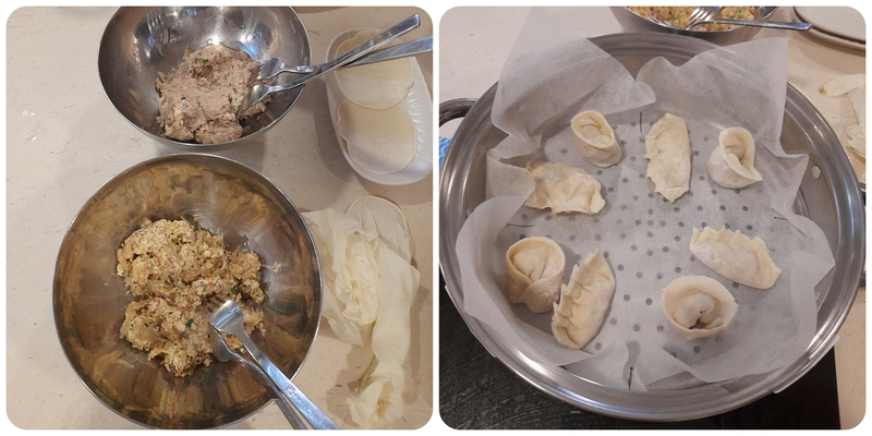 De izquierda a derecha: relleno del mandu —carne arriba y tofu apto para vegetarianos abajo—; y mandu preparados por los participantes, listos para cocer al vapor. | Celia Algaba